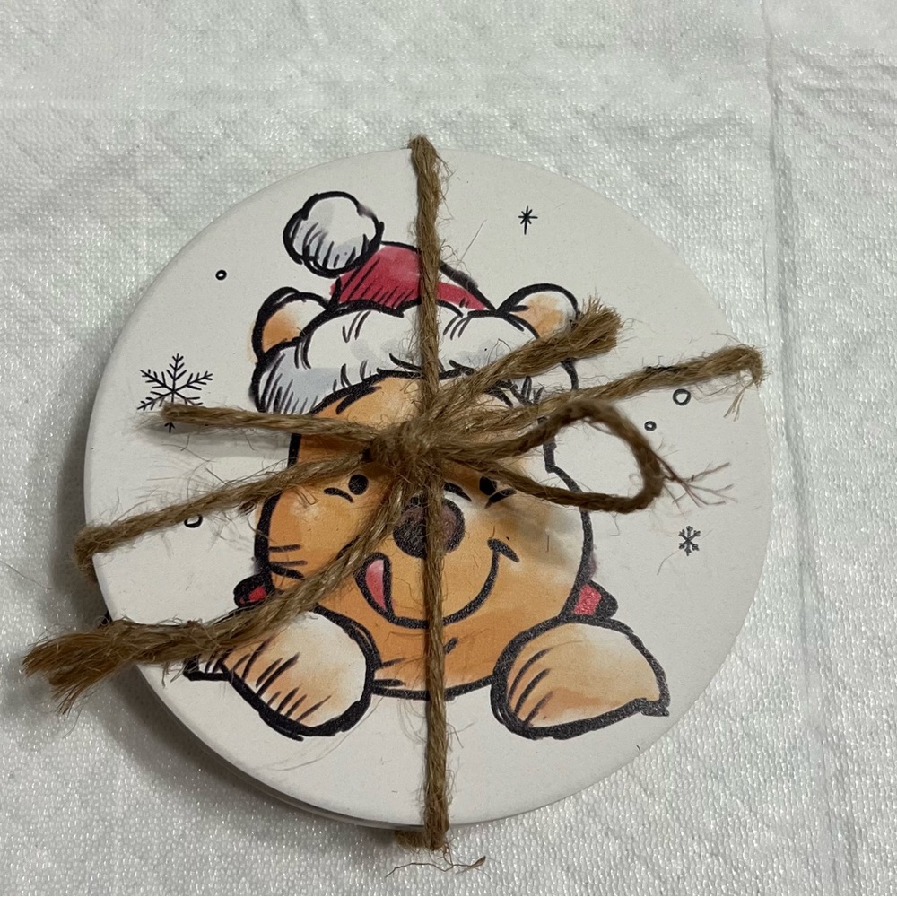 Winnie the Pooh Coaster set Santa Christmas Holiday Ceramic Drinks whimsy fun